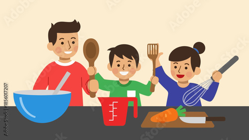 Happy family cooking together in the kitchen with utensils and ingredients