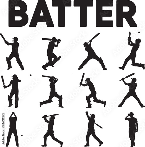 Silhouettes of cricket batter players in action isolated