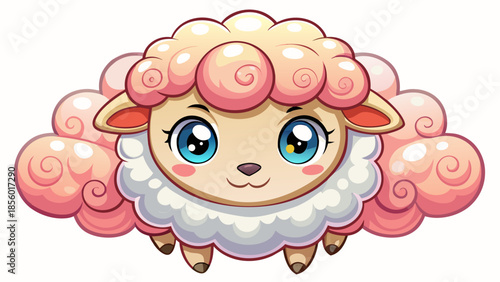 Very beautiful close-up illustration of a fluffy lamb shaped like a cloud, featuring a round face, tiny nose, sleepy joyful eyes, soft pastel tones, and a gentle cartoon vector style on white.
