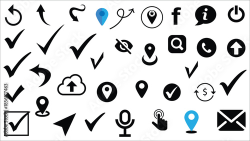 Collection of diverse black and white communication and navigation icons displayed