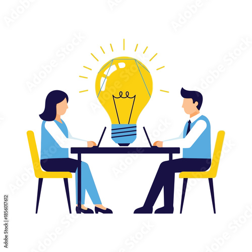 Teamwork and Brainstorming: Modern Flat Design of Diverse Colleagues Collaborating with a Glowing Light Bulb Idea on White Background, Innovation & Business Concept