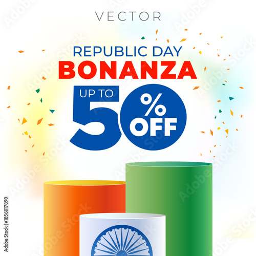 Republic day bonanza 50% off sale promotion logo with Indian tricolor festive background and product display podium design.