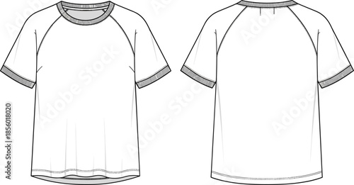 PrintTechnical fashion flat sketch of unisex raglan sleeve tshirt, ribbed crew neck and cuff design, apparel vector illustration, garment CAD,