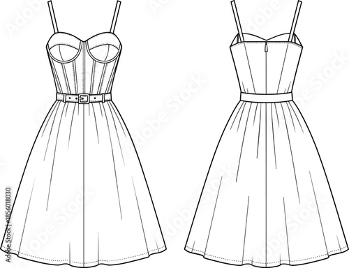 PrintTechnical fashion flat sketch of women belted corset dress, strapless bodice with flared skirt design, apparel vector illustration, garment CAD,