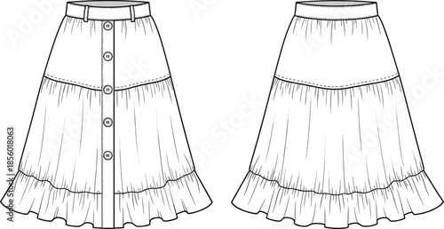 PrintTechnical fashion flat sketch of women button down tiered skirt, ruffled hem midi design, apparel vector illustration, garment CAD drawing,