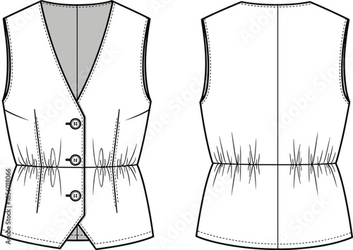 PrintTechnical fashion flat sketch of women button down waistcoat, cinched elastic waist vest design, apparel vector illustration, garment CAD drawing,