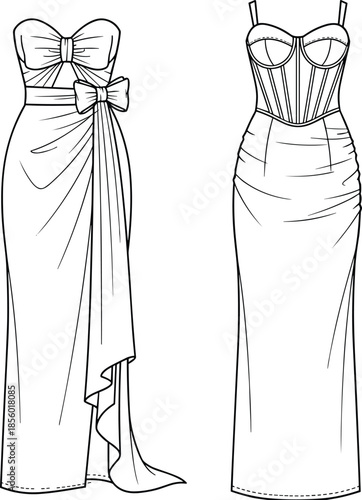 PrintTechnical fashion flat sketch of women evening gowns, strapless bow detail and corset bodice dresses, apparel vector illustration, garment CAD,