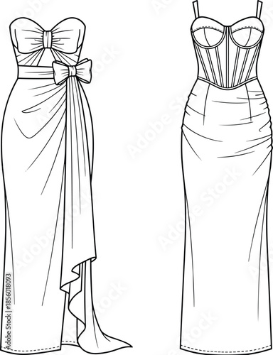 Technical fashion flat sketch of women evening gowns, strapless bow detail and corset bodice dresses, apparel vector illustration, garment CAD,