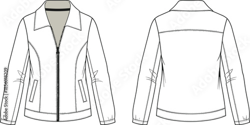Technical fashion flat sketch of women zip up track jacket, collared long sleeve outerwear design, apparel vector illustration, garment CAD,