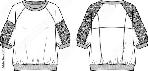 PrintTechnical fashion flat sketch of women raglan sleeve sweatshirt, floral lace insert puff sleeve design, apparel vector illustration, garment CAD,