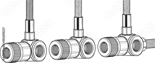 PrintTechnical line art illustration of industrial elbow pipe connectors with braided hoses, mechanical engineering hardware components, plumbing valve CAD drawing,