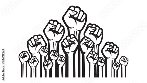 Black and white line art vector illustration of a large crowd of raised clenched fists representing a unified protest movement and social justice activism
