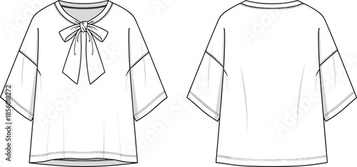 PrintWomen's oversized bow tie neck blouse technical fashion sketch, drop shoulder short sleeve top CAD mockup, front and back view.