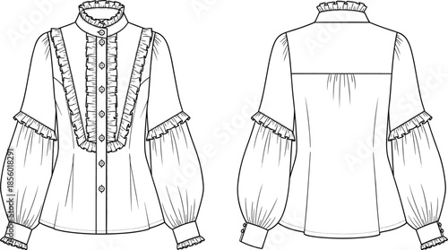 PrintVictorian style women's ruffle blouse technical fashion sketch, long puff sleeve button up shirt CAD mockup, front and back view.
