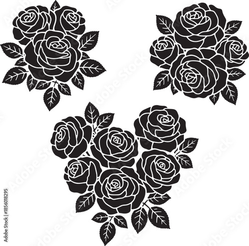 Three bunches of roses with leaves