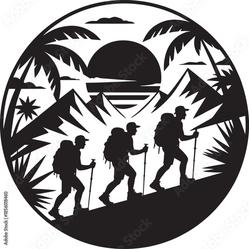 Three hikers trekking in the mountains at sunset