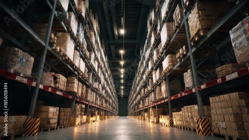 Vast warehouse interior with towering shelves filled with boxes and pallets stretching into the distance