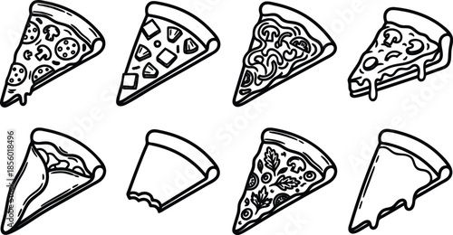 Collection of pizza slices in various styles and toppings