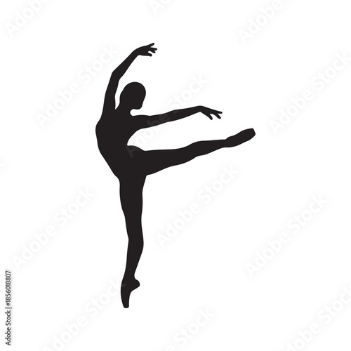 Silhouette of a graceful ballerina performing a classical dance pose on a white background
