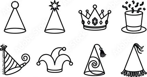 Collection of various party hats and crowns illustrations