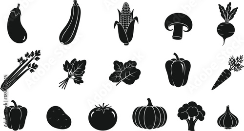 Black silhouettes of various vegetables and fruits