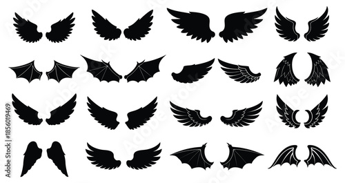 A collection of black wing silhouettes in various shapes and sizes
