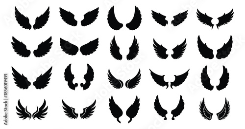 A collection of diverse black wing shapes and designs on a white background