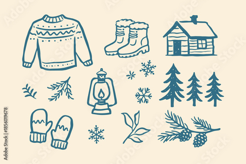 Winter cozy set sweater cabin mittens lantern doodle vector illustration
