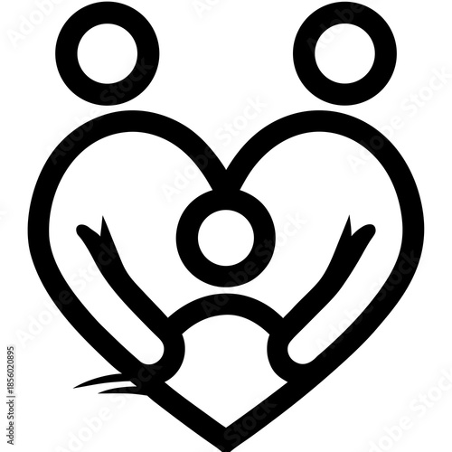 A black line icon depicting **family love**: two adult figures embracing or holding a child in the center, all formed within a large heart shape to symbolize parental care, unity, and affection.