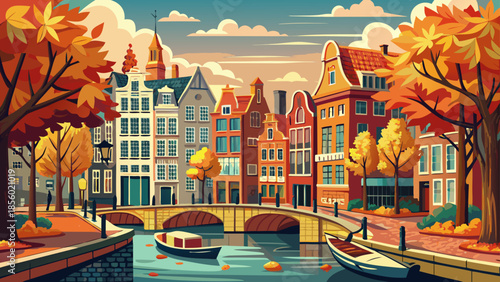 Very beautiful panoramic autumn view of Amsterdam showcasing historic canals, colorful houses, tree-lined waterways, and warm morning light, creating a charming seasonal cityscape ideal for travel and