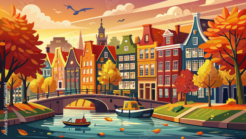 Very beautiful panoramic autumn view of Amsterdam showcasing historic canals, colorful houses, tree-lined waterways, and warm morning light, creating a charming seasonal cityscape ideal for travel and