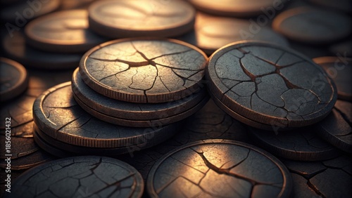 Cracked Coins Piled Together with Detail and Texture in Extreme Close-Up