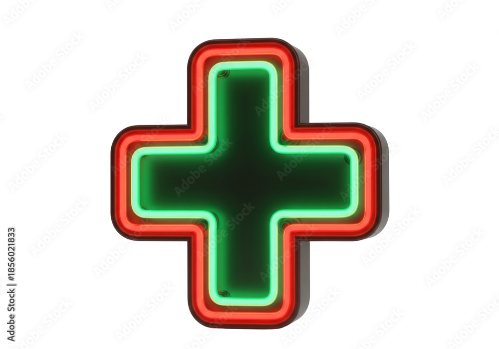 Obraz premium Bright Neon Pharmacy Cross Sign Illuminates Healthcare Services
