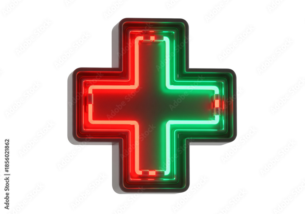 Obraz premium Bright Neon Red and Green Medical Cross of Hope and Health