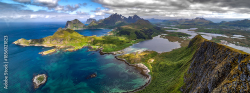 View From Offersoykammen Mountain Over Coastal Landscape On Lofoten Islands In Norway