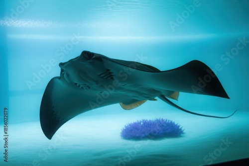 A graceful stingray glides through the vibrant blue waters of an aquarium exhibit