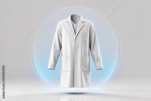 White medical lab coat rendered in a modern, clean design with futuristic elements