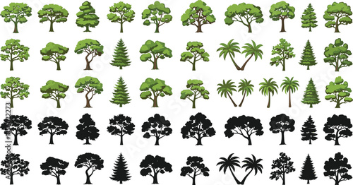 Diverse tree silhouettes and colorful illustrations for design