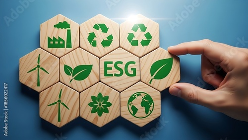 Hand placing ESG wooden block with leaf icon on blue background