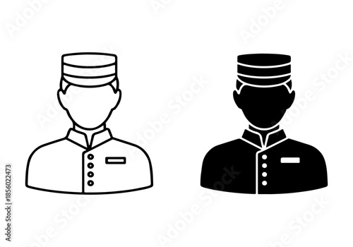 Hotel staff uniform icon set outline and silhouette graphics of a hospitality professional. Ideal for service industry concept designs