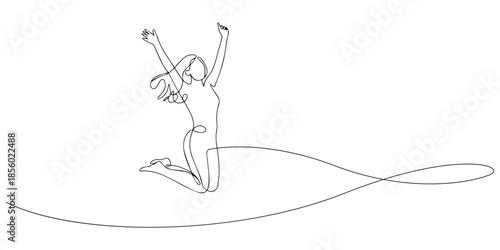 Happy jumping woman. Continuous one line drawing, Happy jumping celebrating  illustration in continuous one line drawing. Happy person jumping high giving high five in one line draw. Editable vector.
