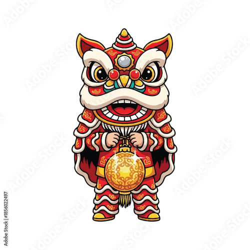 Vibrant Lunar New Year lion dance performance with golden ingot in traditional costume