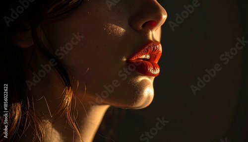 Secrets linger as whistleblower voice emerges softly from red lips in warm sunlight, evoking mystery and emotion