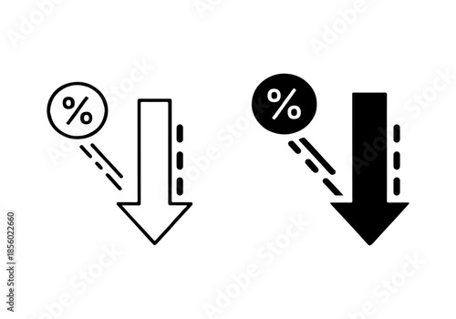 Graphic icon set depicting percentage decrease with a downward arrow, symbolizing price reductions, sales, or financial market decline trends
