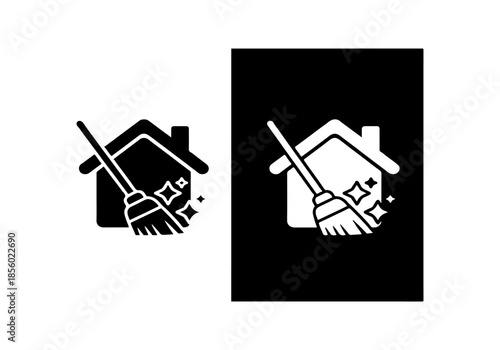 Clean house icon with broom and sparkling effects, symbolizing professional domestic hygiene services and tidy home maintenance vector illustration