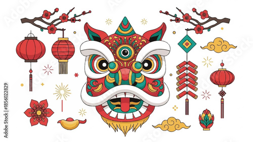 Vibrant Lunar New Year Celebration with Dragon Dance Mask and Ornaments