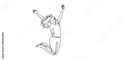 Happy jumping woman. Continuous one line drawing, Happy jumping celebrating  illustration in continuous one line drawing. Happy person jumping high giving high five in one line draw. Editable vector.
