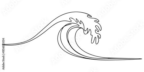Ocean wave continuous one line drawing outline  vector illustration.Pro vector, Continuous one line drawing of big ocean wave with graph peaks representing market tsunami or fluid dynamics, water spla