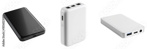Three portable power bank devices in black and white isolated on a transparent background charger battery