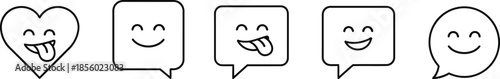 A set of five emoticon faces in speech bubbles and heart shape
